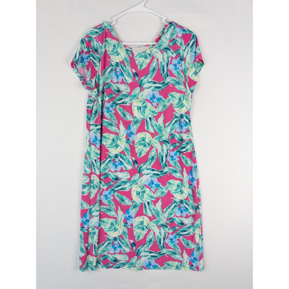 Pappagallo Victoria Island Palm Print‎ Dress Womens M Long Short Sleeve Summer